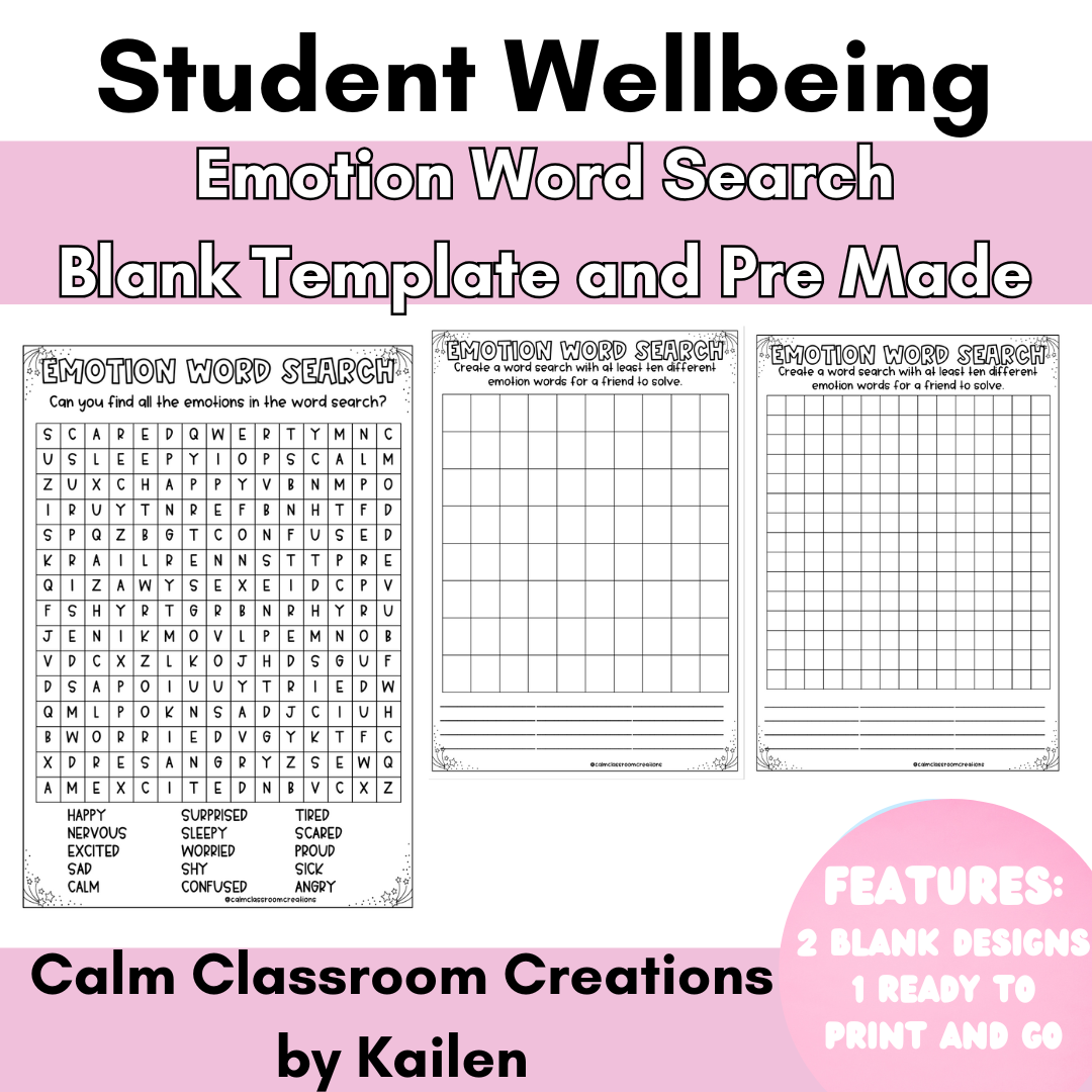 Student Wellbeing | Emotion Word Search Template | Print and Go!