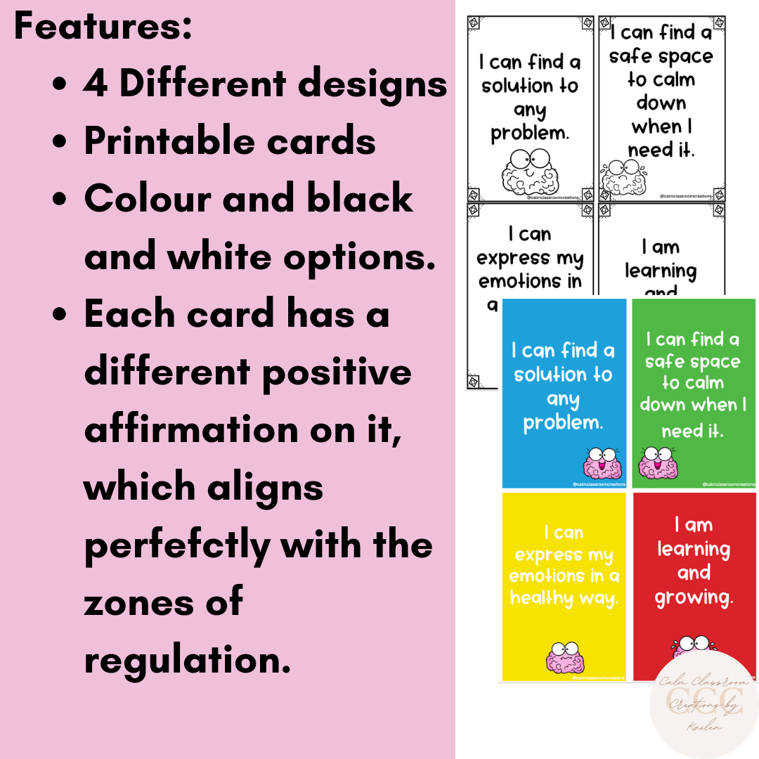 Student Wellbeing | Affirmation Cards | Zones of Regulation Themed